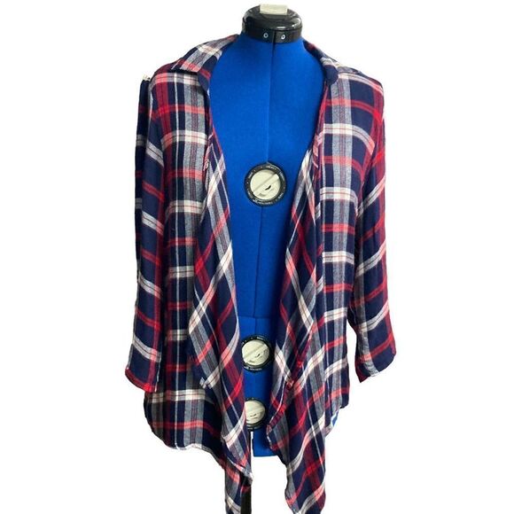 JUSTIFY Plaid Crochet Open Front Cardigan Shrug Large Red Blue White & Ivory - Picture 1 of 12